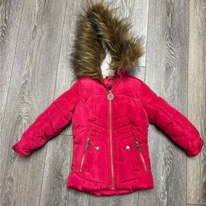 DKNY Pink puffer Jacket with Faux Fur Hood
